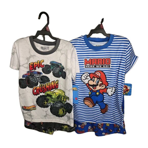 Super Mario & Hot Wheels Boy's 2 Piece Shirt & Short Pajama Sets. Sz 6/7 NWT - Picture 1 of 2